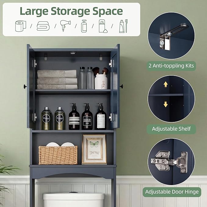 Premium Over The Toilet Storage Cabinet, Boho & Farmhouse Rattan Bathroom Organizer, Adjustable Bottom Bar for Water Valve Clearance, Navy Blue P2 MDF, 24"x70"