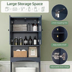 Premium Over The Toilet Storage Cabinet, Boho & Farmhouse Rattan Bathroom Organizer, Adjustable Bottom Bar for Water Valve Clearance, Navy Blue P2 MDF, 24"x70"
