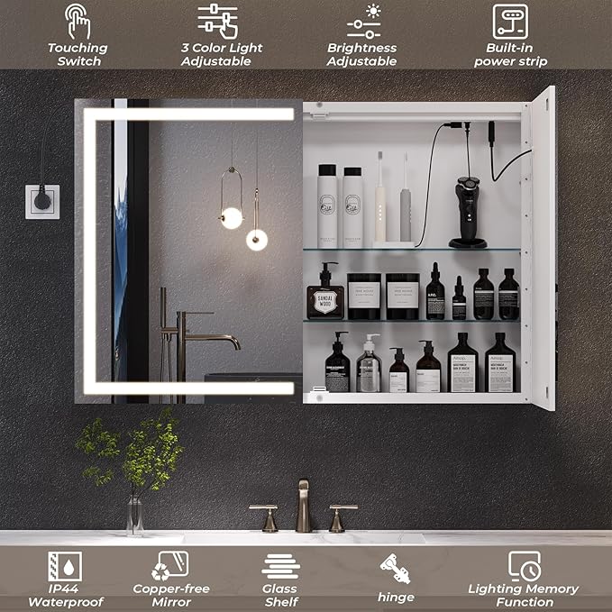 Hasuit Lighted Medicine Cabinet with Mirror, Wall Mounted Bathroom Mirror with Storage, 2 Doors Bathroom Wall Cabinet with LED Lights, 35.4'' x 23.6''