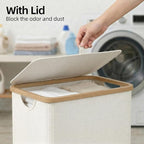 efluky Slim Laundry Basket with Lid, Narrow Laundry Hamper with Removable Bag, Skinny Dirty Clothes Basket with Bamboo Handles for Bathroom, Bedroom & Laundry Room, 65L Beige