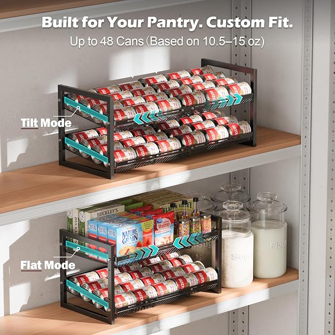 iSPECLE Extendable Can Organizer for Pantry, Adjustable Width Can Storage Organizer for 48 Cans, Heavy Duty Auto Rolling Dispenser Rack, Stackable Metal Shelf Holder for Soup Spices Snacks, Black