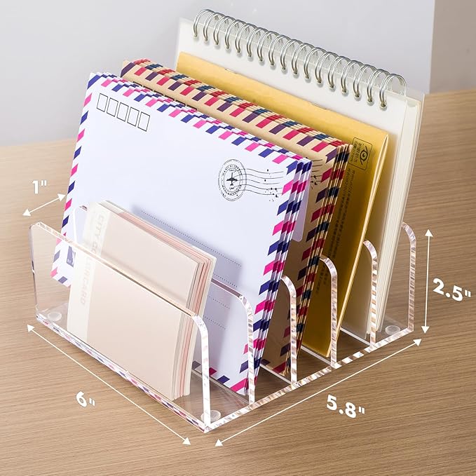 BEYGORM 2 Pack Acrylic Mail Holder, Clear Desk Organizer with Divider, Vertical Letter Sorter for Desktop, 5 Compartments Modern Office Home Envelope Organizer for Bill, Document, Notebook