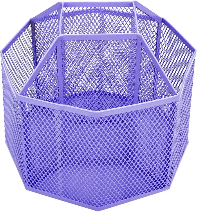 Annova Mesh Desk Organizer Rotate with 5 Compartments Spinning Tidy Candy/Pen Holder Office, Art Supply, Storage, Classroom, Home (Purple)