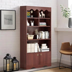 CABIHOME 63" Tall Bookshelf with Cabinet, 5-Tier Wood Bookcase with Wave Top, 6 Cubes & 2 Door Cabinets, Modern Display Storage Shelves with Gold Handles for Living Room, Bedroom & Home Office, Walnut