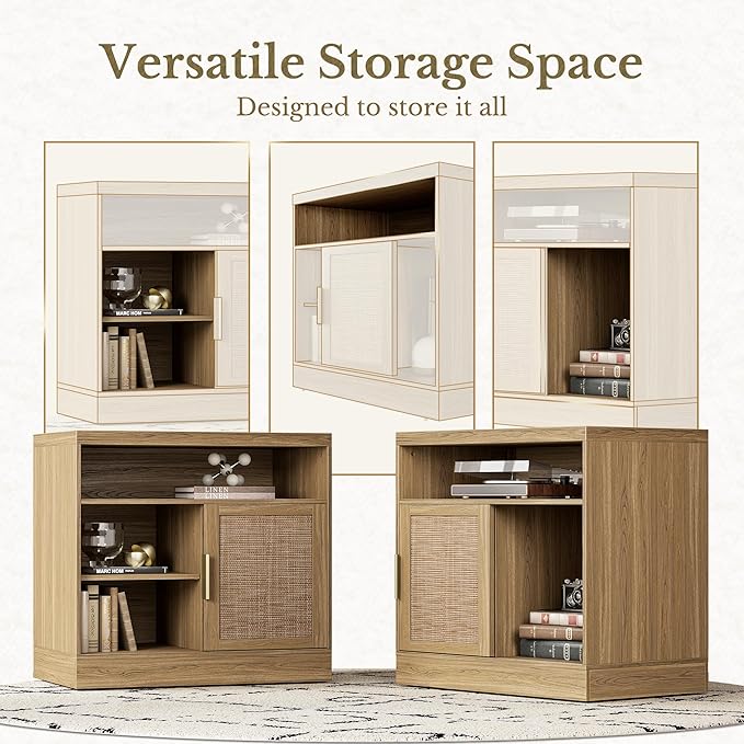 Rattan File Cabinet with Door, 32'' Lateral File Cabinet with Open Adjustable Shelves, Wood Filing Cabinet with Sliding Door for Home Office, Natural Oak