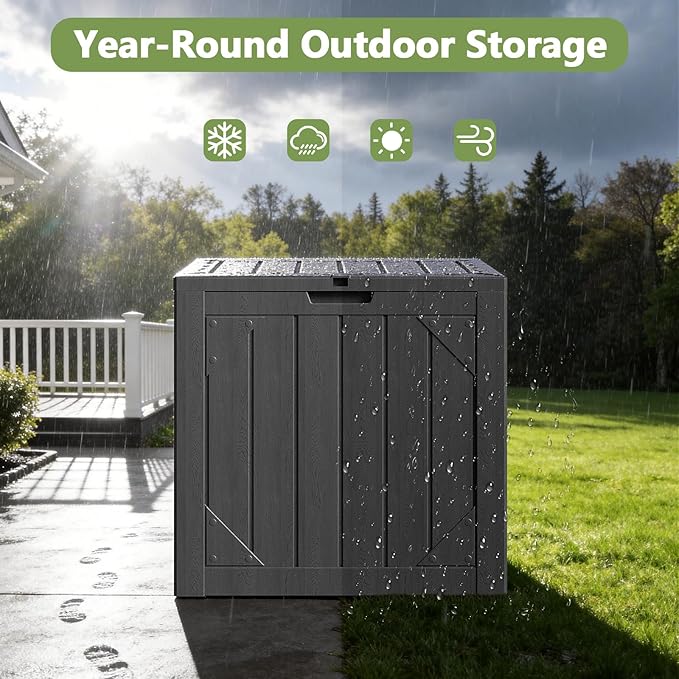 Outdoor Storage Box - 31 Gallon Waterproof Resin Deck Box, Lockable Patio Storage Bench for Package Delivery, Cushions & Garden Tools, UV Resistant (Grey, 31 Gal)