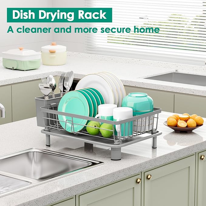 Dish Drying Rack, Stainless Steel-Dish Rack, Dish Racks for Kitchen Counter, Kitchen Dish Drainers with Removable Utensil Holder,New Drain Outlet,Plate Rack and Drainboard,(gray-11 W x 15" L)