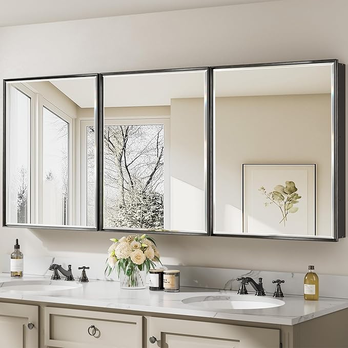 72x30 Pre-Assembled Black Medicine Cabinet with Mirror, Surface or Recessed Medicine Cabinet Mirror for Bathroom, Aluminum Beveled Frame Bathroom Vanity Mirror with Adjustable Shelves Storage
