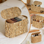 Toilet Paper Storage Basket with Lid, Water Hyacinth Slim Toilet Paper Holder - Holds Up to 6 Mega Rolls, Wicker Basket for Bathroom Organization, Natural