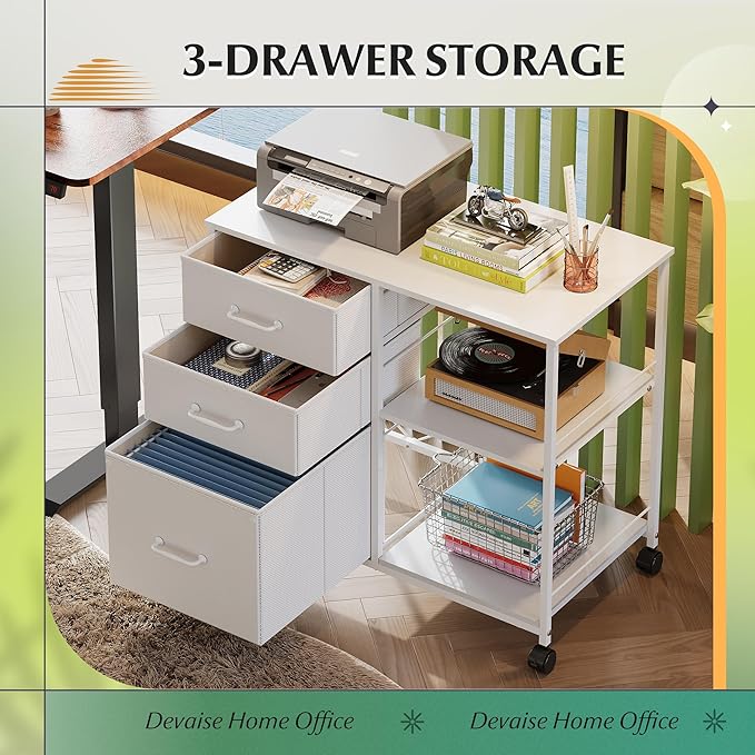 DEVAISE 3 Drawer File Cabinet with Open Shelf, Mobile Lateral Rolling Printer Stand, White Fabric Filing Cabinet fits A4/Letter Size for Home Office Storage
