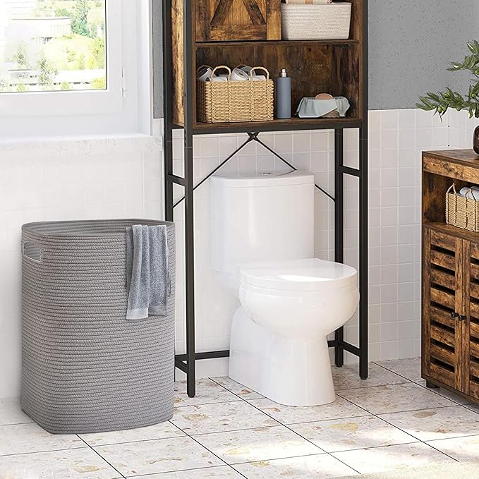 Large Laundry Hamper 16"x13"x22" - Tall Woven Laundry Basket, Cotton Rope Dirty Clothes Hamper, Baby Kids Nursery Wicker Laundry Basket, Bedroom Aesthetic, Soft Laundry Bin, Gray Hamper, 75L