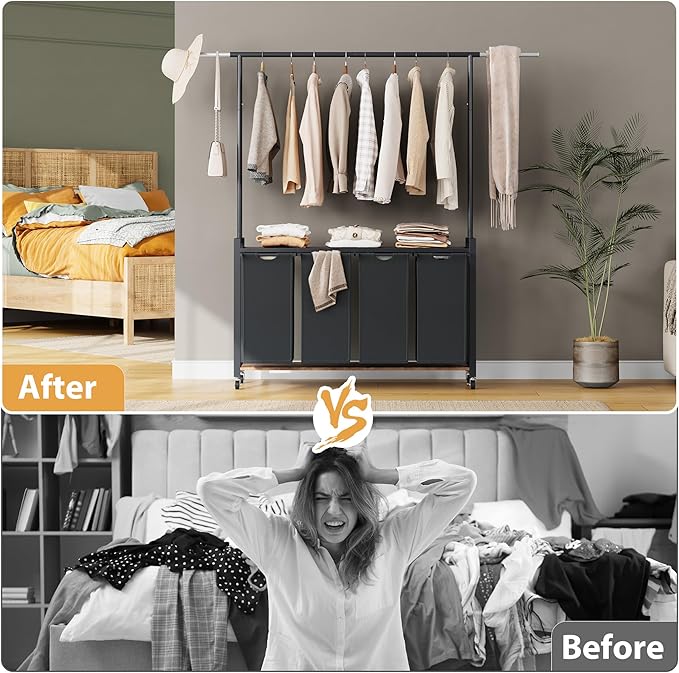 Versatile Laundry Sorter Hamper with Hanging Rack & Shelf – 4-Section Rolling Clothes Organizer, Utility Shelf, Lockable Wheels, Multi-Room Storage for Laundry Room, Bedroom, Bathroom