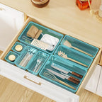 WOWBOX 32 PCS Plastic Drawer Organizer Set, 4 Sizes Desk Drawer Organization and Storage Containers for Makeup, Cosmetics, Jewelry and Gadgets in Kitchen, Bathroom, Bedroom, Office, Clear Sea Blue
