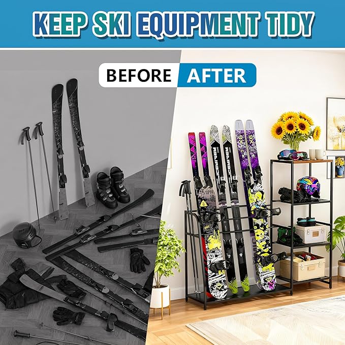 Ski-Snowboard Storage Rack Holder - Freestanding Ski Equipment Organizer Snowboard Boot Stand Garage Gear Storage
