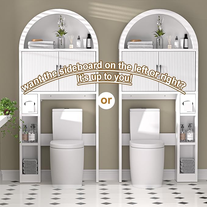 AHB Over The Toilet Storage Cabinet, Freestanding Bathroom Organizer with Adjustable Shelf and Anti-Tip Device, Arched Cabinet with Doors, Space-Saving Toilet Storage for Bathroom, Laundry, Mini Bar