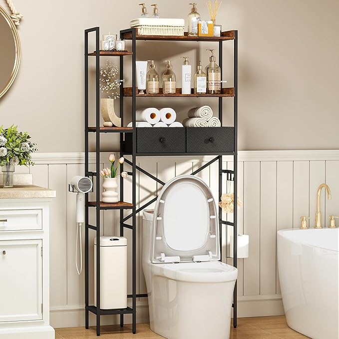 Over The Toilet Storage Shelf with Drawer, 7-Tier Above Toilet Bathroom Organizer with Adjustable Side Shelves, Space Saver Freestanding Rack with Holder & Hook for Laundry Kitchen (Brown)