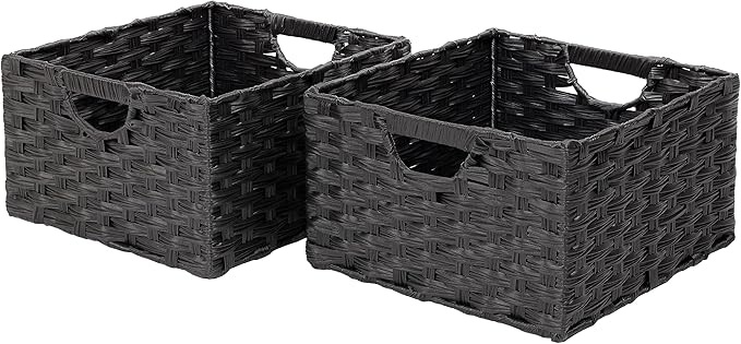 Seville Classics Premium Handwoven Portable Laundry Bin Basket with Carrying Handles, Household Storage for Clothes, Linens, Sheets, Black, Rectangular (2-Pack)