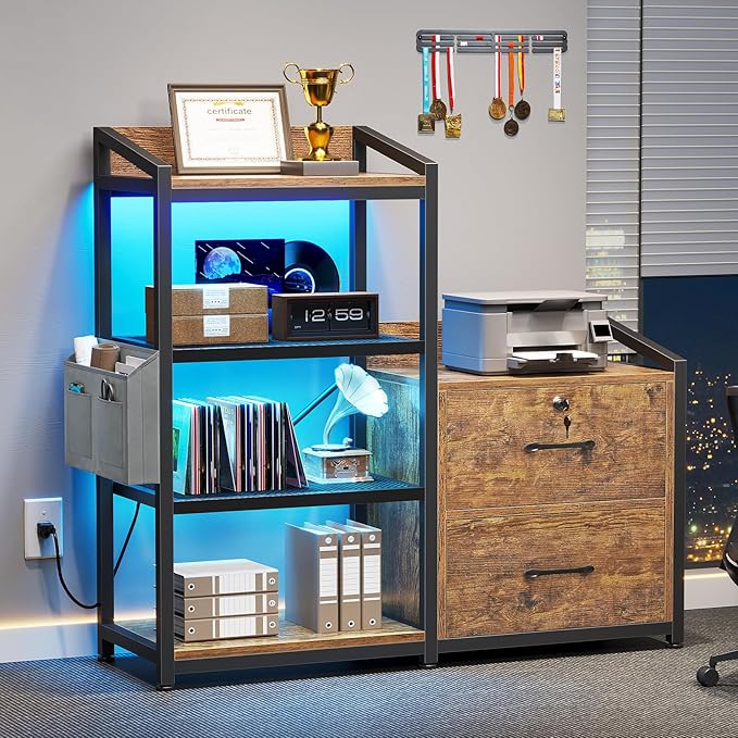 SEDETA 35.4” File Cabinet, Filing Cabinet fits Letter/A4 Size, 2 Drawe File Cabinets for Home Office with Power Strip, LED Lights, Lock, Open Shelf, Rustic Brown