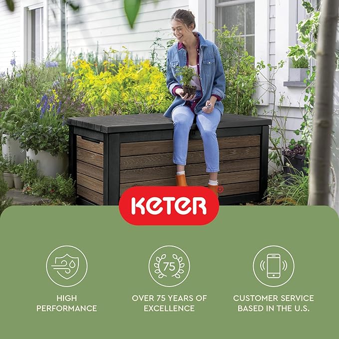 Keter Signature Collection 165 Gallon Resin Deck Box Organization and Storage Box for Patio Outdoor Cushions, Throw Pillows, Garden Tools and Pool Supplies, Walnut