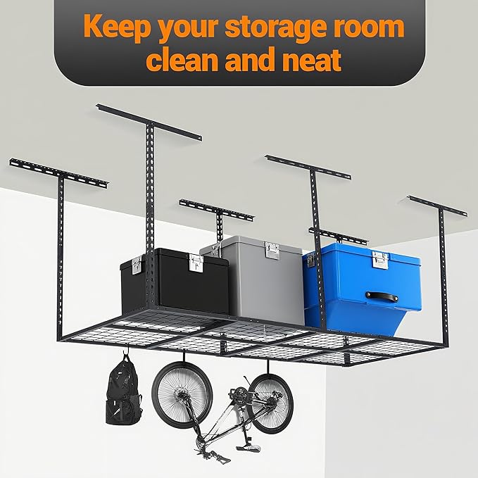 GarveeLife 3x8 ft Heavy Duty Overhead Garage Storage Rack, Adjustable Ceiling Storage Racks with 600 LBS Weight Capacity, Metal Garage Storage Organization Systerm, Black