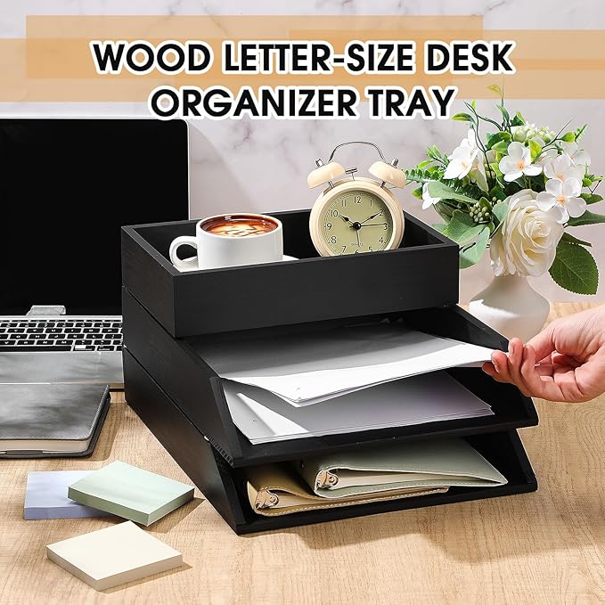 3 Pcs Wooden Letter Trays, Wood Letter-Size Desk Organizer, Heavy Duty 3 Tier Stackable Support Paper Tray Tabletop Inbox Drawer Desktop Organizer for File Folder Magazine Office(Black)