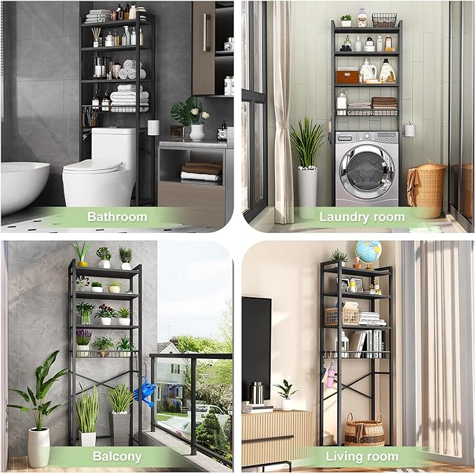 Over-The-Toilet Storage Rack, 4-Tier Bathroom Organizer Shelf Over Toilet with Adjustable Shelf and Basket, Freestanding Space Saver Bathroom Shelves Above Toilet for Room (Pure Black)