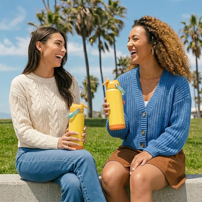 24oz Insulated Stainless Steel Water Bottle, Wide Mouth Double Wall Vacuum, Silicone Straw, Sweat & Leak Proof, BPA Free Insulated Water Flask for Travel, Keep Cold 24h Hot 12h, Lemon