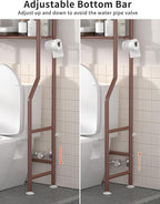 3-Tier Over The Toilet Storage, Freestanding Metal Bathroom Shelves with 4 Hooks, Over Toilet Storage Shelf with Paper Holder, Above The Toilet Shelf for Bathroom Storage, Bronze