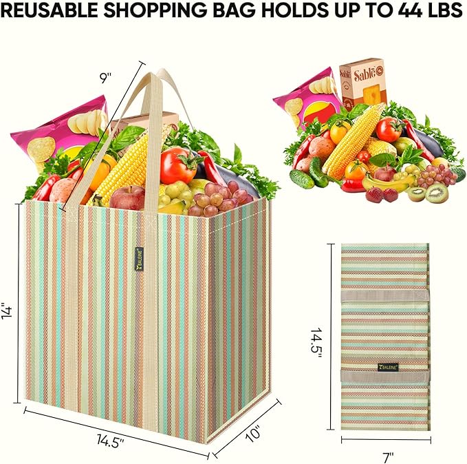BALEINE 4 PK Grocery Bags Reusable Shopping Bags with Reinforced Bottom, Heavy Duty Foldable Tote Bags (Color Strip)