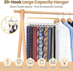 2PCS Tie Rack Hanger for Closet Upgraded 2-in-1 Tie and Belt Hanger Non Slip Tie Rack with 20 Hooks Tie Hanger Space Saving Wooden Belt Tie Organizer for Tank Tops Bras Cami Scarves, Wooden