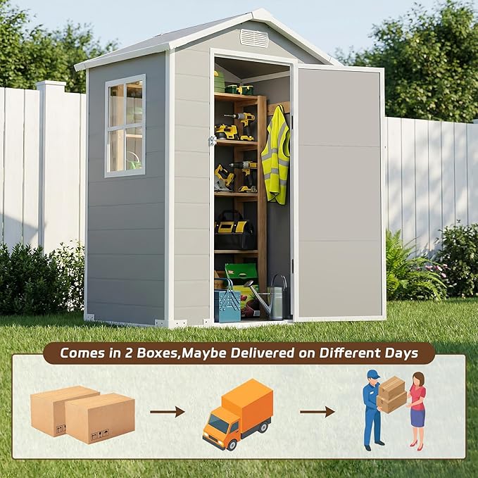 4x3 FT Outdoor Storage Shed, Resin Shed with Sloped Roof and Rain Holes, Storage Shed with Lockable Door and Transport Ramp, with Window＆Vent,Suitable for Backyard, Garden, Patio, Lawn, Gray