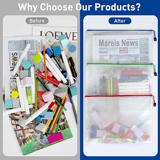 Mesh 32pcs Zipper Pouch Bags - A3 Size, 8 Color Mesh Zipper Pouches for Organizing, Board Game, Travel, School & Office