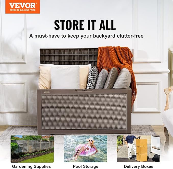 VEVOR Deck Box, 100 Gallon Outdoor Storage Box, 48.0" x 21.5" x 24.5", Waterproof PP Deckbox with Aluminum Alloy Padlock, for Patio Furniture, Garden Tools, Outdoor Cushions, Gray