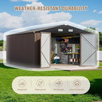 Greesum 10×14 FT Outdoor Storage Shed, Metal Storaged Sheds Without Floor, Tool Sheds with Lockable Doors and Sloping Roof for Garden, Patio, Brown