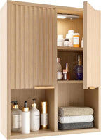 HAIOOU Fluted Bathroom Wall Cabinet with Motion Sensor Light, Curved Profile Wooden Medicine Cabinet Wall Mounted Cupboard, Wave Like Over Toilet Storage Cabinet with Buffering Hinges - Natural