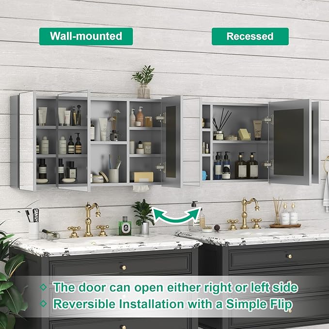 40 x 28 Farmhouse Medicine Cabinet, Tempered Frameless Bathroom Mirror with Storage, Silver Recessed or Surface Mount Aluminum Medicine Cabinet for Bathroom Modern-Large