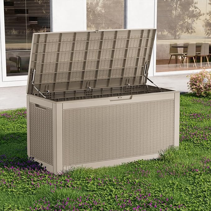 120 Gallon Outdoor Waterproof Resin Storage Deck Box Lockable Outside Bench UV Resistant Bin Patio Porch Furniture Pool Float Garden Tool Cushion Grey