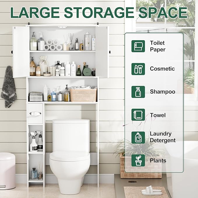 Over The Toilet Storage Cabinet, 65" Tall Bathroom Space Saver with 2 Doors & 2 Adjustable Shelves, Freestanding Organizer Toilet Cabinet for Bathroom, Laundry Room, Modern White Storage Unit