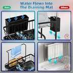Dish Drying Rack, Stainless Steel-Dish Rack, Dish Racks for Kitchen Counter, Kitchen Dish Drainers with Removable Utensil Holder,New drain outlet,Plate Rack and Drainboard,(Black2 with Sponge Rack )