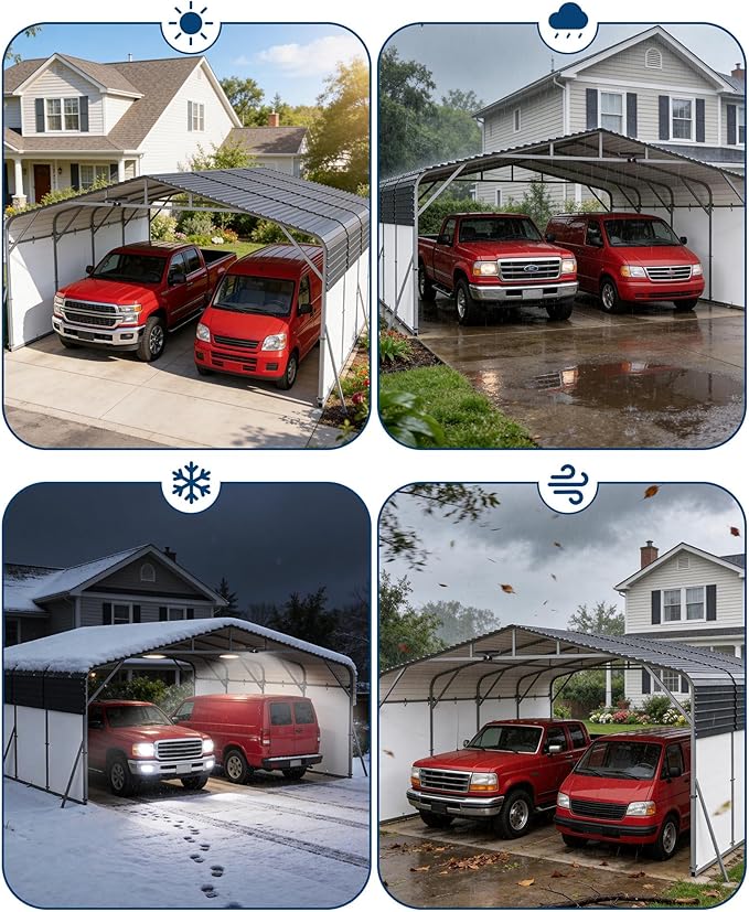 20x20FT Heavy Duty Metal Carport,Outdoor Portable Car Garage w/Led Light,Removable PE Sidewalls,Reinforced Base & Galvanized Steel Roof, Outdoor Car Port Canopy Shelter for Boats,Trucks