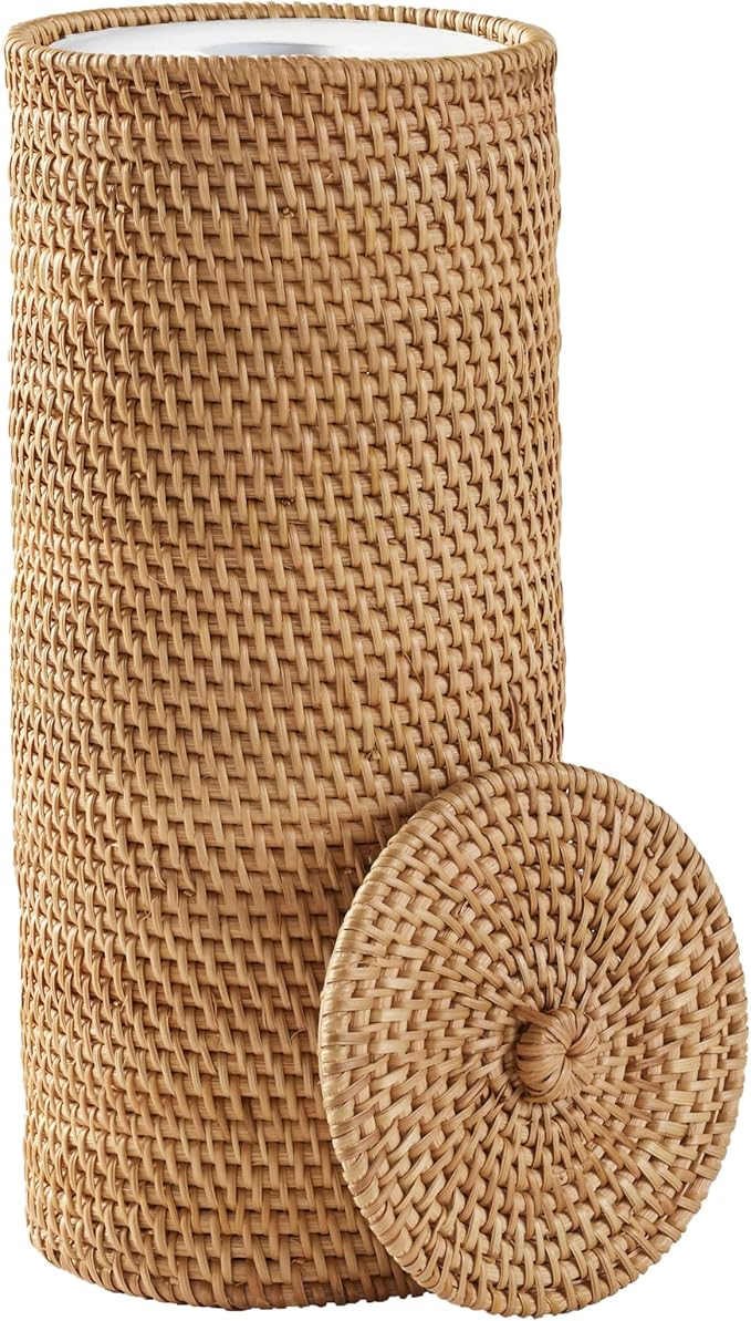 Floor Standing Rattan Toilet Paper Reserve with Lid, Freestanding Toilet Paper Storage Holder for Bathroom, Toilet Roll Organizer with Cover for Extra Toilet Paper Rolls