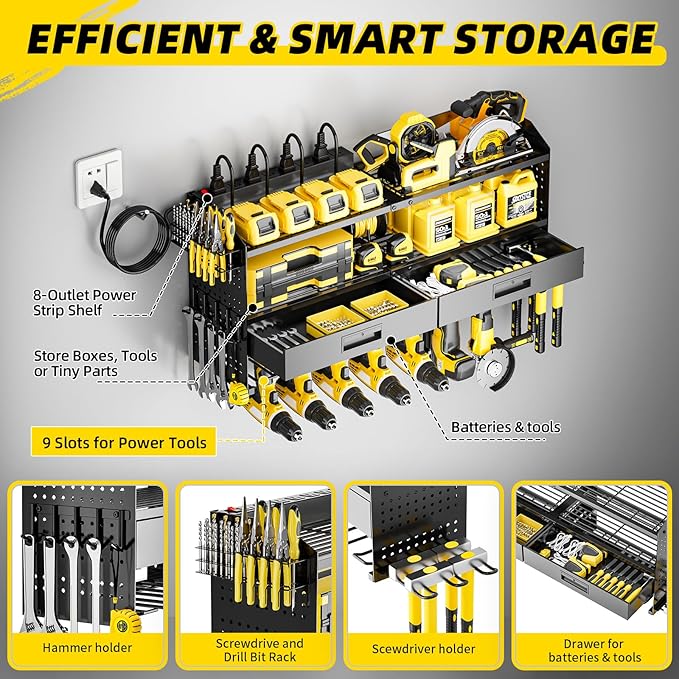 Power Tool Organizer Wall Mount with Charging Station, 4 Layers Storage Rack with 9 Drill Holders & Battery Storage, Cordless Tool Organizer with 2 Drawers for Garage, Workshop & Tool Room