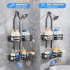 Aluminum Shower Caddy Hanging, Never Rust Shower Organizer- 4 Levels with adjustable Height 10 Hooks for Razor/Sponge - Rack with Soap Basket (Black-1)