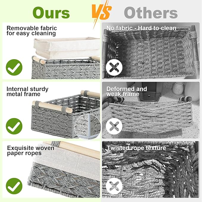 2 Pack Woven Toilet Paper Storage Baskets for Organizing with Wooden Handles, Toilet Paper Basket for Back of Toilet Top, Toilet Tank Topper Tray, Decorative Bathroom Basket Organizer for Shelves,Gray