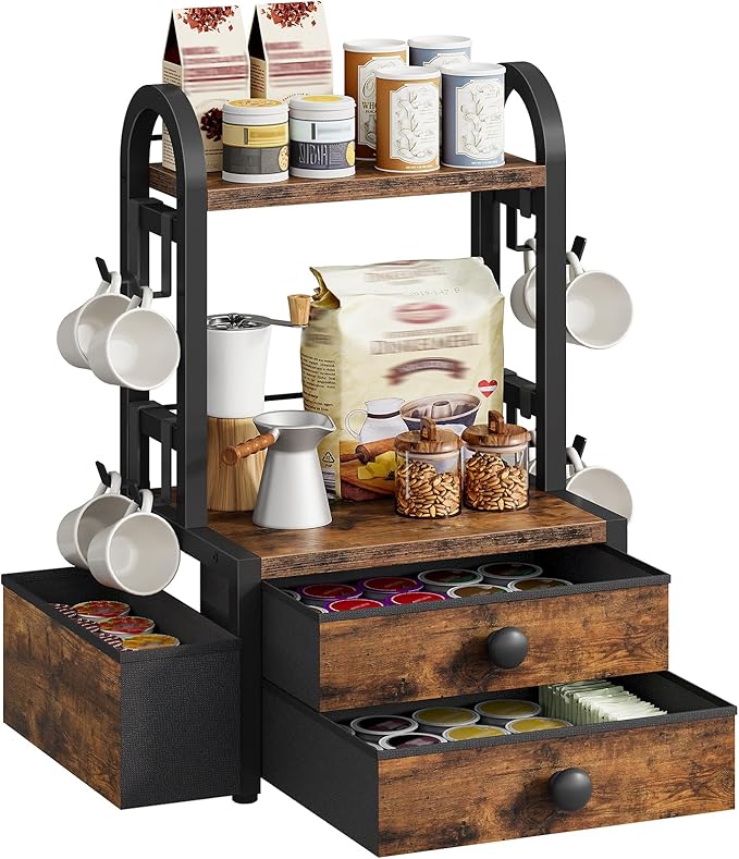 HOOBRO Coffee Mug Tree, 2 Tier Mug Organizer, Coffee Mug Cup Holder with Drawer for 40K-Cup Pods, Mug Display Stand with 8 Hooks, Countertop Holder Rack for Kitchens, Black and Rustic Brown BF04CR01