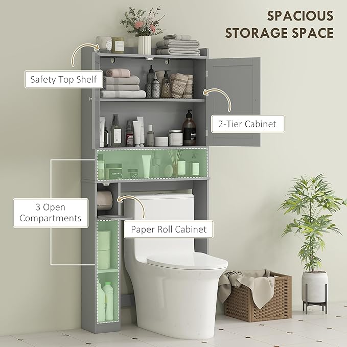 HOMCOM Over the Toilet Storage Cabinet, Modern Above Toilet Bathroom Organizer with 2 Doors, Storage Shelves, Toilet Paper Holder, Freestanding Space Saver for Bathroom, Laundry, Gray