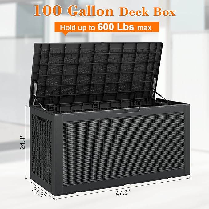 KAMABOKO 101 Gallon Waterproof Large Resin Deck Box, Lockable Large Outdoor Storage Boxes Indoor Outdoor Storage Container for Patio Cushions, Gardening Tools, Pool Supplies, Black