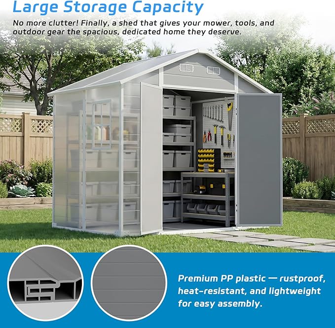 Larbanke 8x6FT Outdoor Storage Shed with Floor, Resin Tool Shed with Lockable Door and Air Ventilation, Waterproof Garden Storage Shed with Sloped Roof for Patio, Lawn, and Backyard, Gray