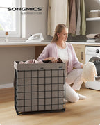 SONGMICS Laundry Hamper, 29 Gal. (110L) Laundry Basket, Collapsible Clothes Hamper, Removable and Washable Liner, Metal Wire Frame, for Bedroom Bathroom, Black and Camel Brown ULCB111N01