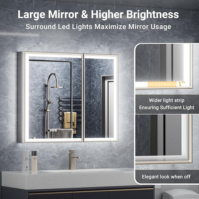 30x32 Lighted Medicine Cabinet with Mirror, Beveled Brushed Nickel Framed Surface or Recessed Fogless Dimmable LED Medicine Cabinet with Lights, Outlet, Time Display and Sensor Inner Light